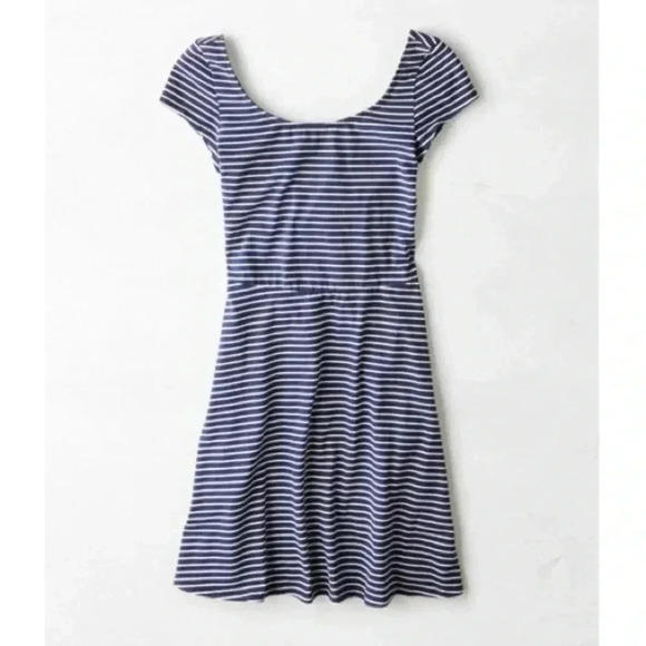 American Eagle Outfitters Blue and White Fit & Flare Dress w/ Crossed Open Back - Picture 1 of 16